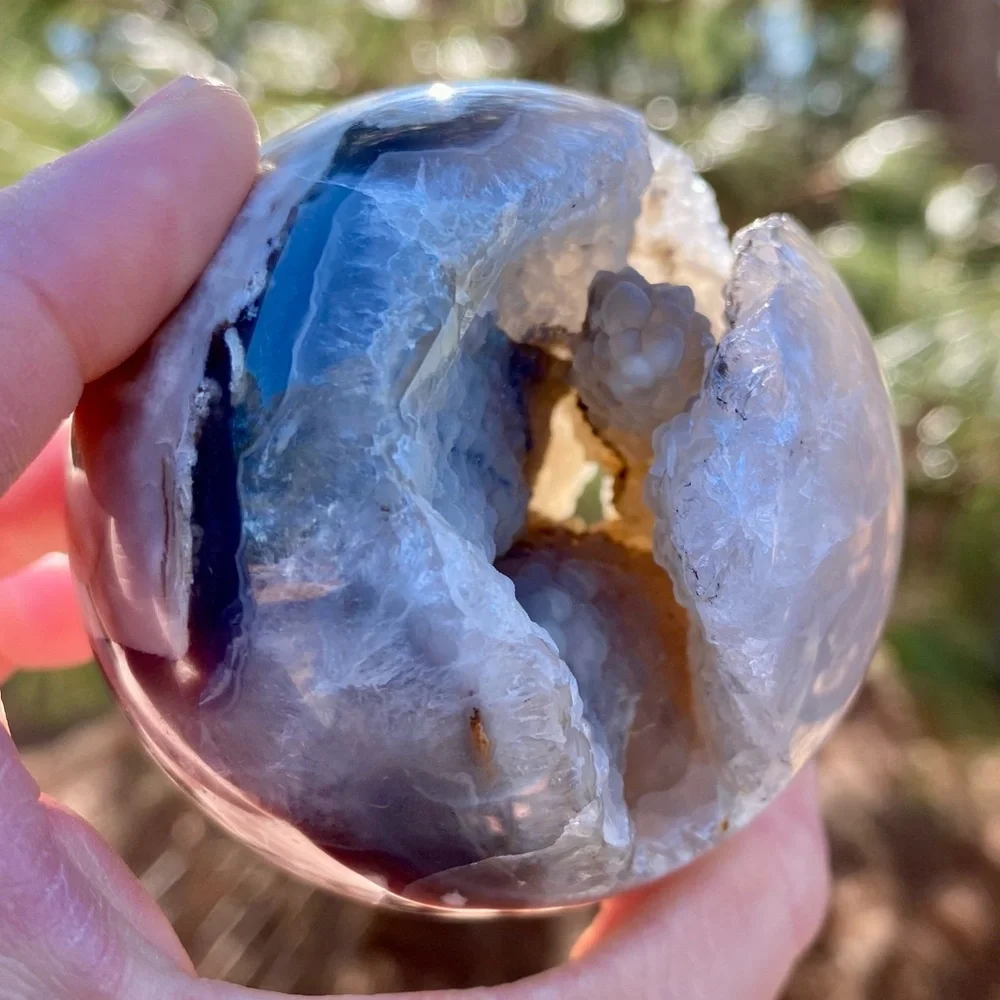 Large HQ Polished UV Reactive Volcano Agate Sphere w/ Wooden Stand - Picture 9 of 16